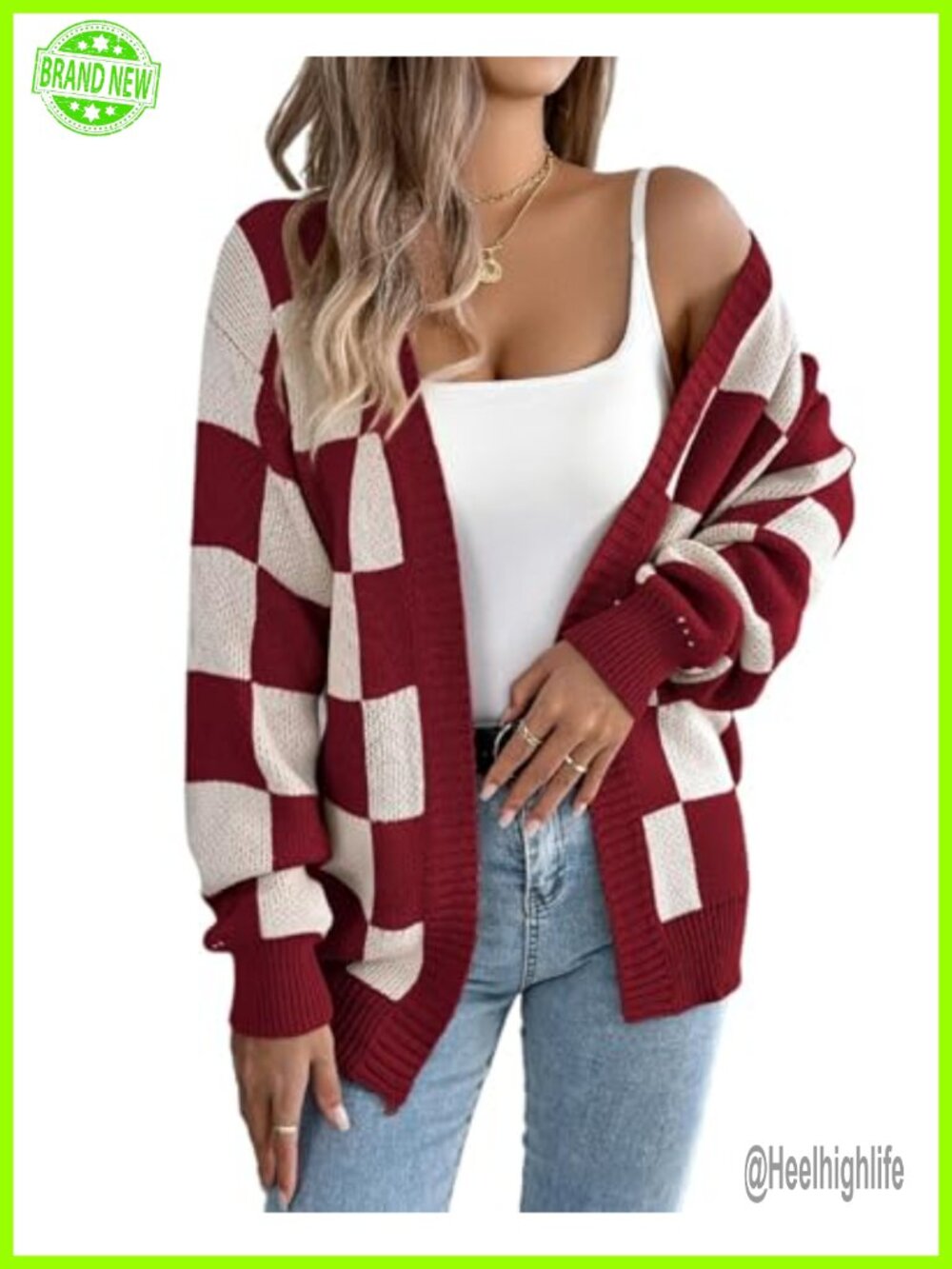 Chunky Knit Cardigan Sweater Open Front Color Block Checkered Long Sleeve